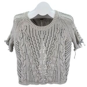 Free People Open Back Cable Knit Short Sleeve Sweater Top Gray Size Small